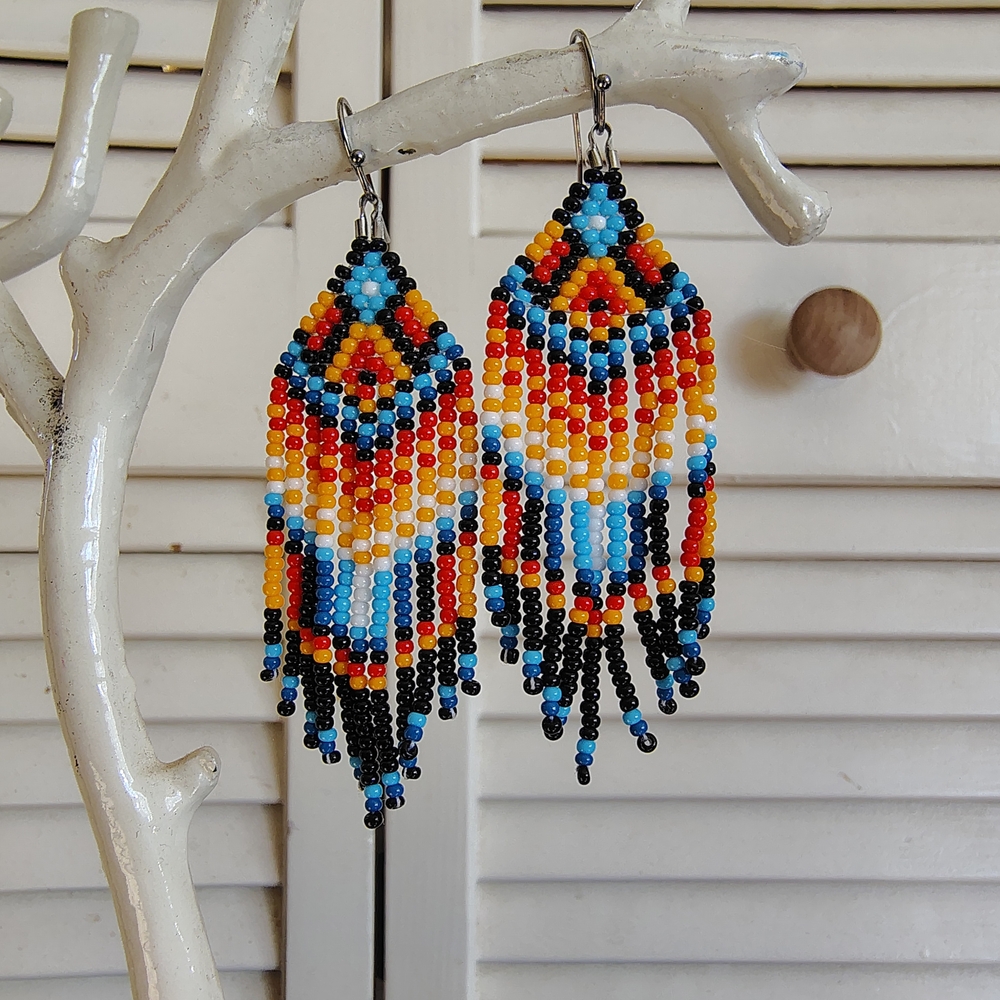 Handmade Native-Inspired Beaded Fringe Earrings – Stainless Steel Hooks OS